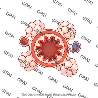 Bronchiole cross section with alveoli and vessels