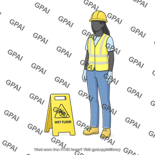 Female safety engineer with wet floor sign