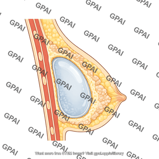 Breast sagittal cut with silicone implant capsular fibrosis