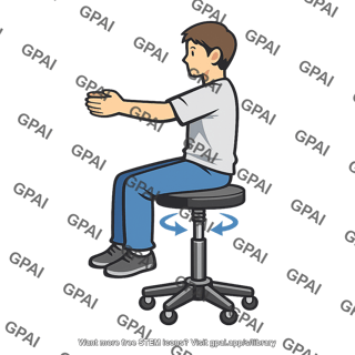 Student on rotating stool holding object pose